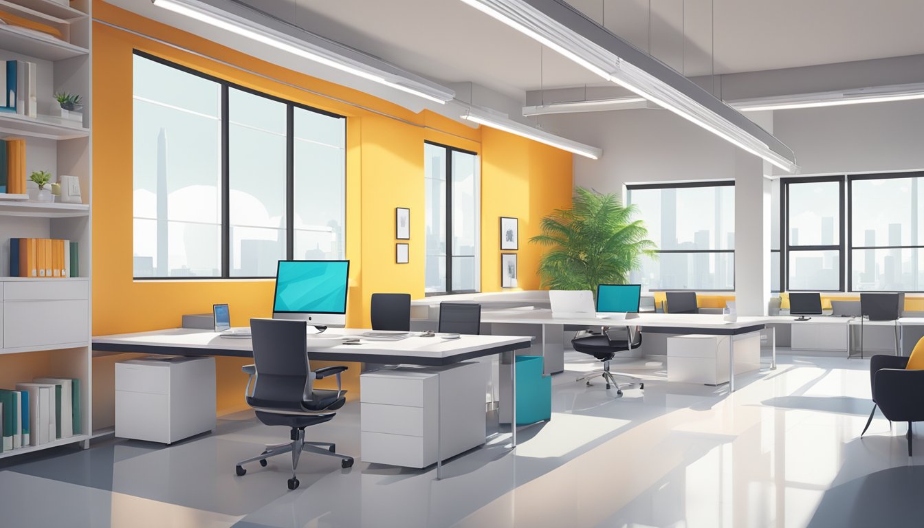 A modern, minimalist office space with sleek furniture, clean lines, and pops of vibrant color. The space is flooded with natural light, creating a bright and airy atmosphere