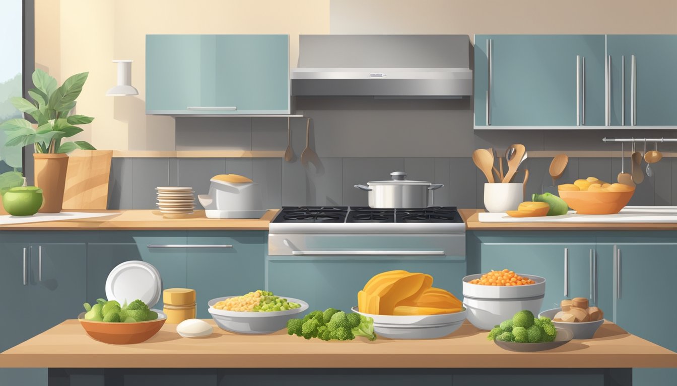 A modern kitchen with a sleek stainless steel microwave on the countertop, surrounded by various food items and kitchen utensils