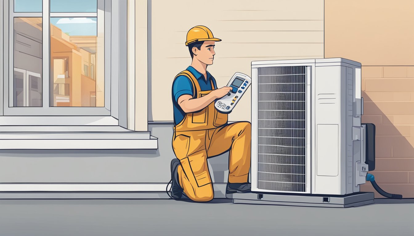 A technician installs an air conditioning unit while a customer looks at a price list