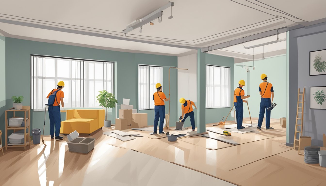 A spacious 5-room HDB flat undergoing renovation with workers installing new flooring and painting the walls. Furniture and decor are being assembled and arranged