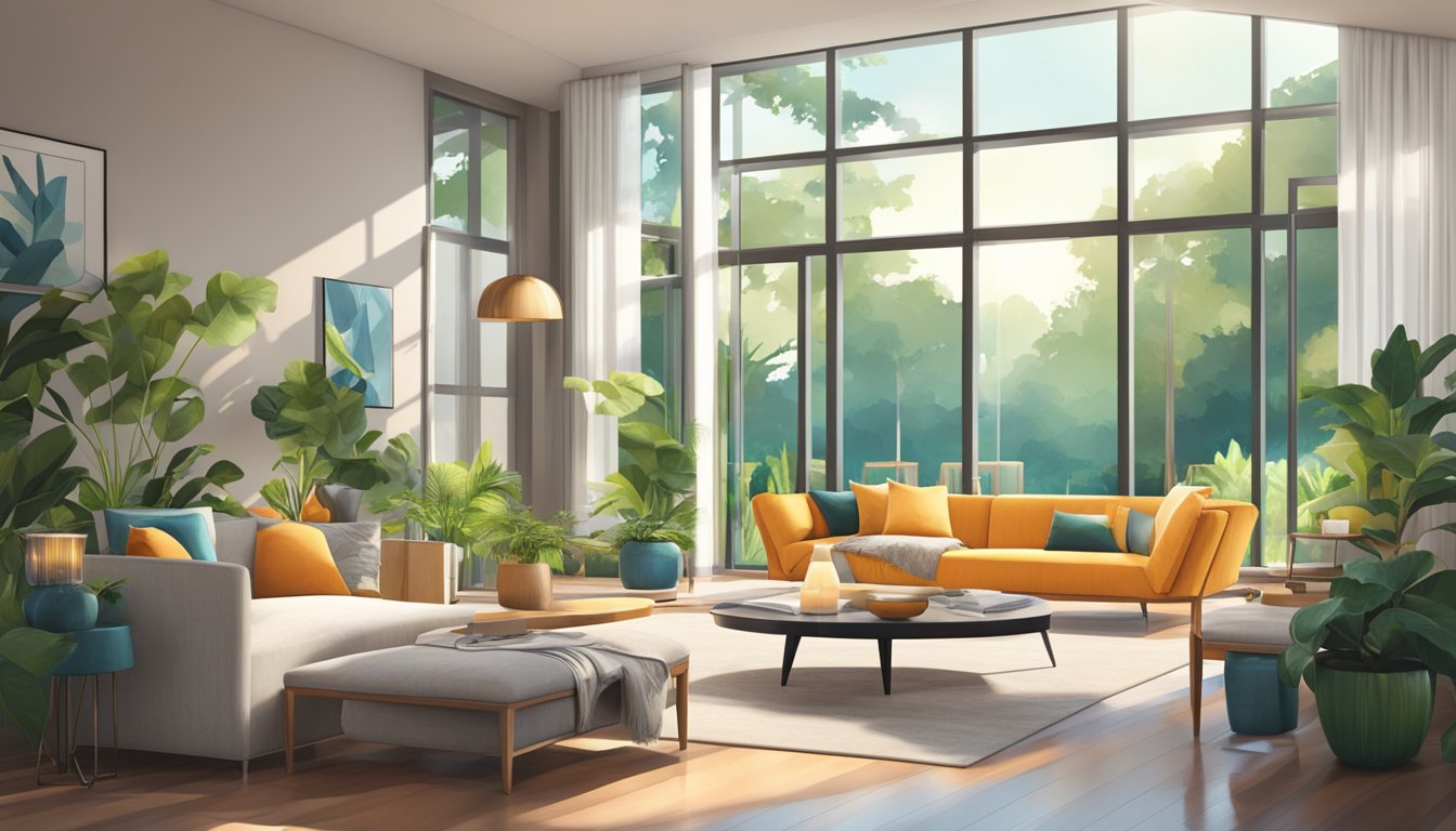 A modern living room with sleek furniture and vibrant accents, bathed in natural light from large windows overlooking a lush garden