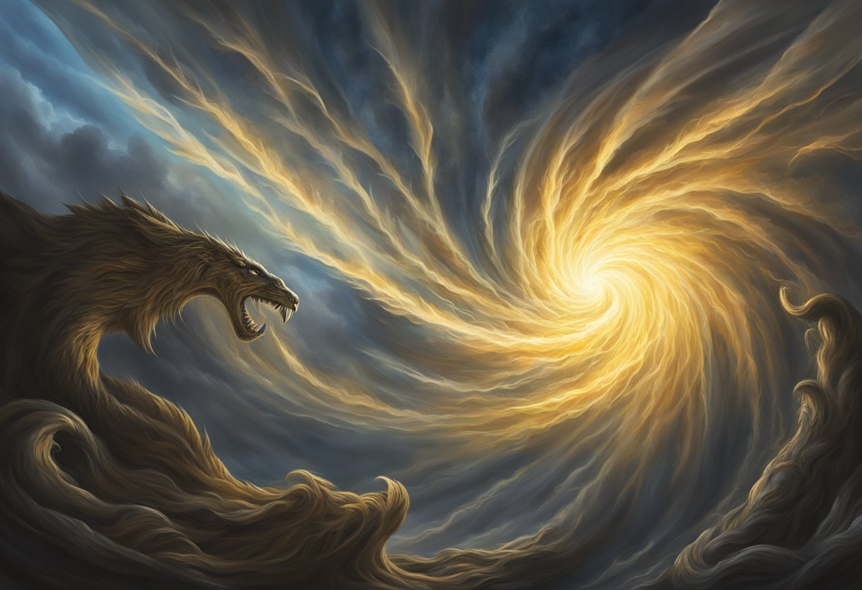 A swirling vortex of light clashes with dark tendrils, symbolizing the battle of spiritual warfare. Rays of hope break through the darkness, representing prayers against the ups and downs of life