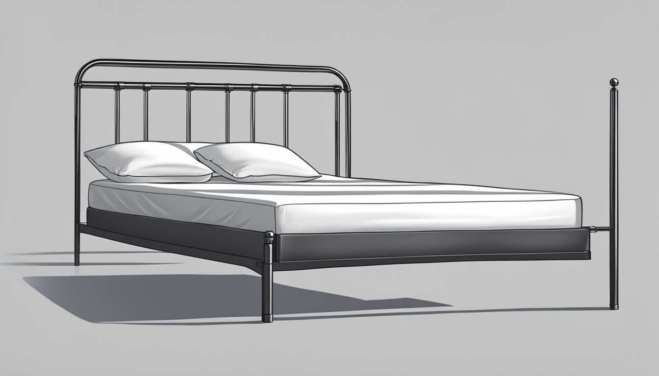 A bed mattress sits on a simple metal frame, with a clean white sheet draped over it. The mattress is plump and inviting, with a few pillows resting against the headboard