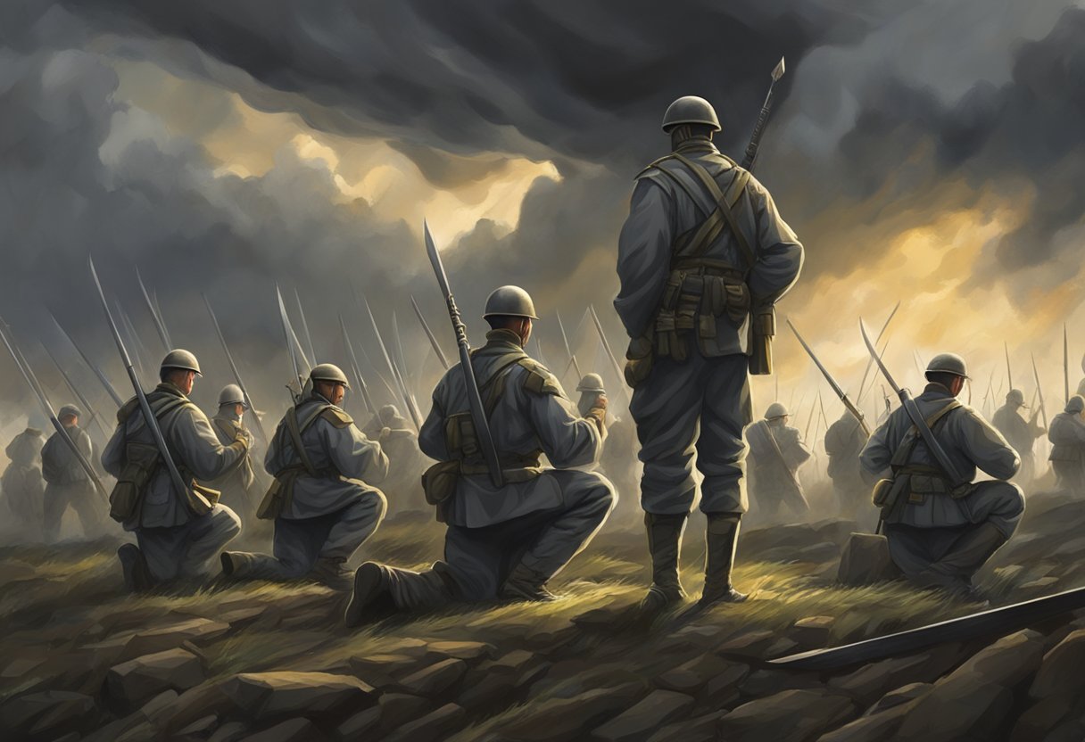 Soldiers kneeling, swords raised, praying for strength. Dark clouds loom overhead, symbolizing the ups and downs of battle