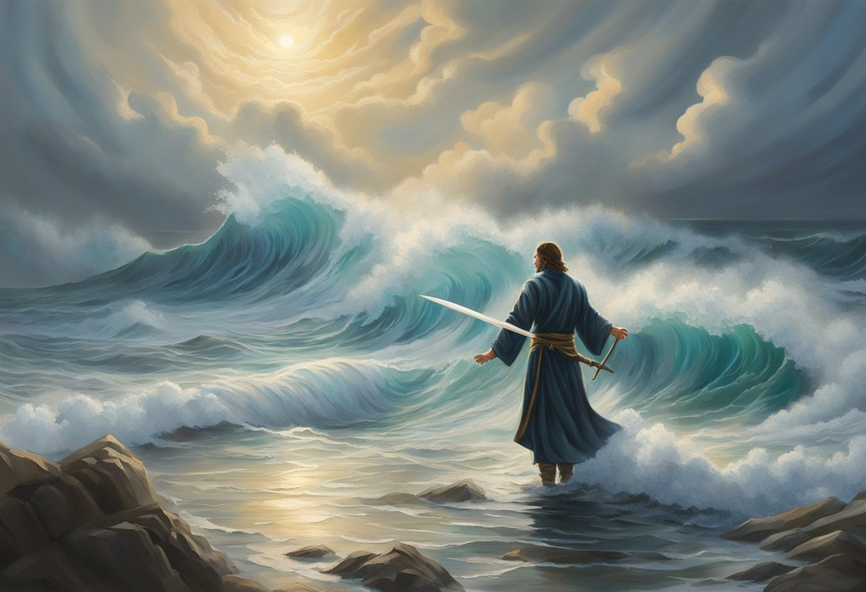 A figure stands firm amidst swirling tides, wielding a sword of faith against the turbulent waves of uncertainty. The atmosphere crackles with spiritual warfare as powerful prayers are unleashed against the ebb and flow of life's challenges