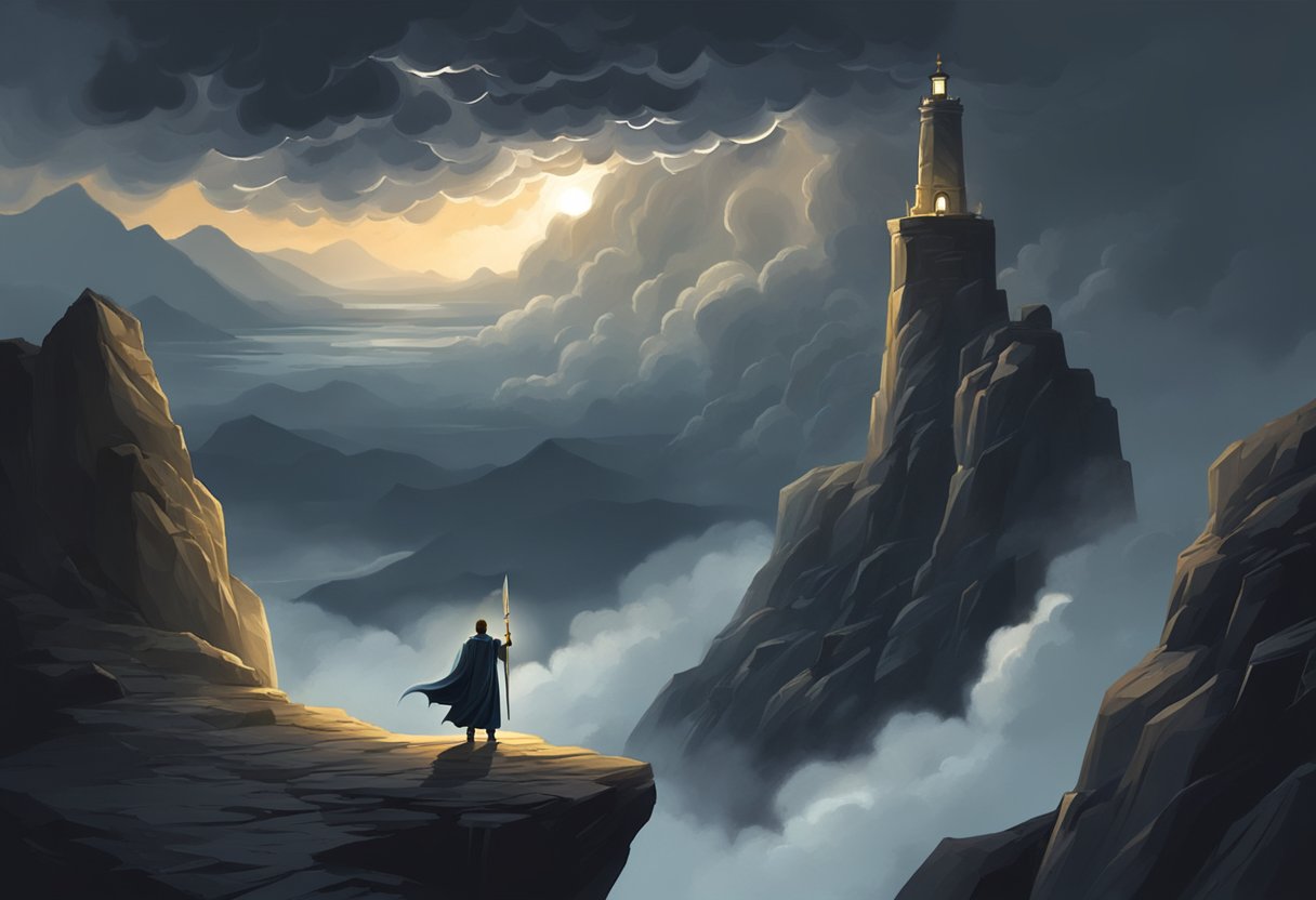 A lone figure stands on a rocky cliff, surrounded by swirling dark clouds. They raise a sword towards the sky, a beacon of light breaking through the darkness