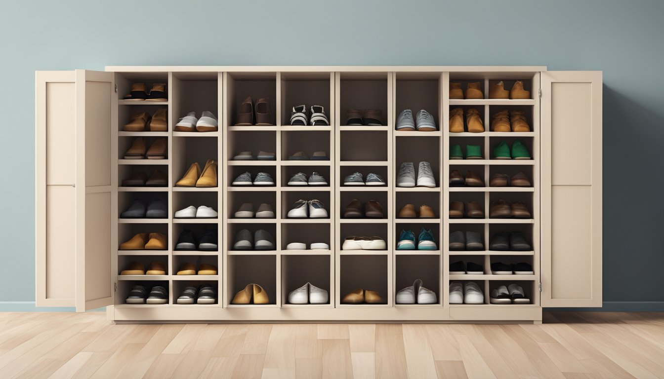 A shoe cabinet against a wall, with multiple shelves and compartments for organizing shoes. The cabinet is made of wood and has a sleek, modern design