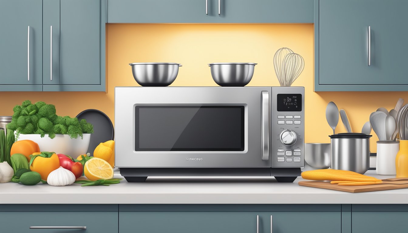 A modern kitchen with a sleek, stainless steel microwave in the center, surrounded by various cooking utensils and ingredients