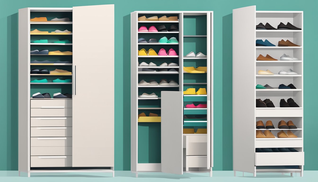 A sleek, modern shoe cabinet with adjustable shelves and pull-out drawers, neatly organizing various types of footwear