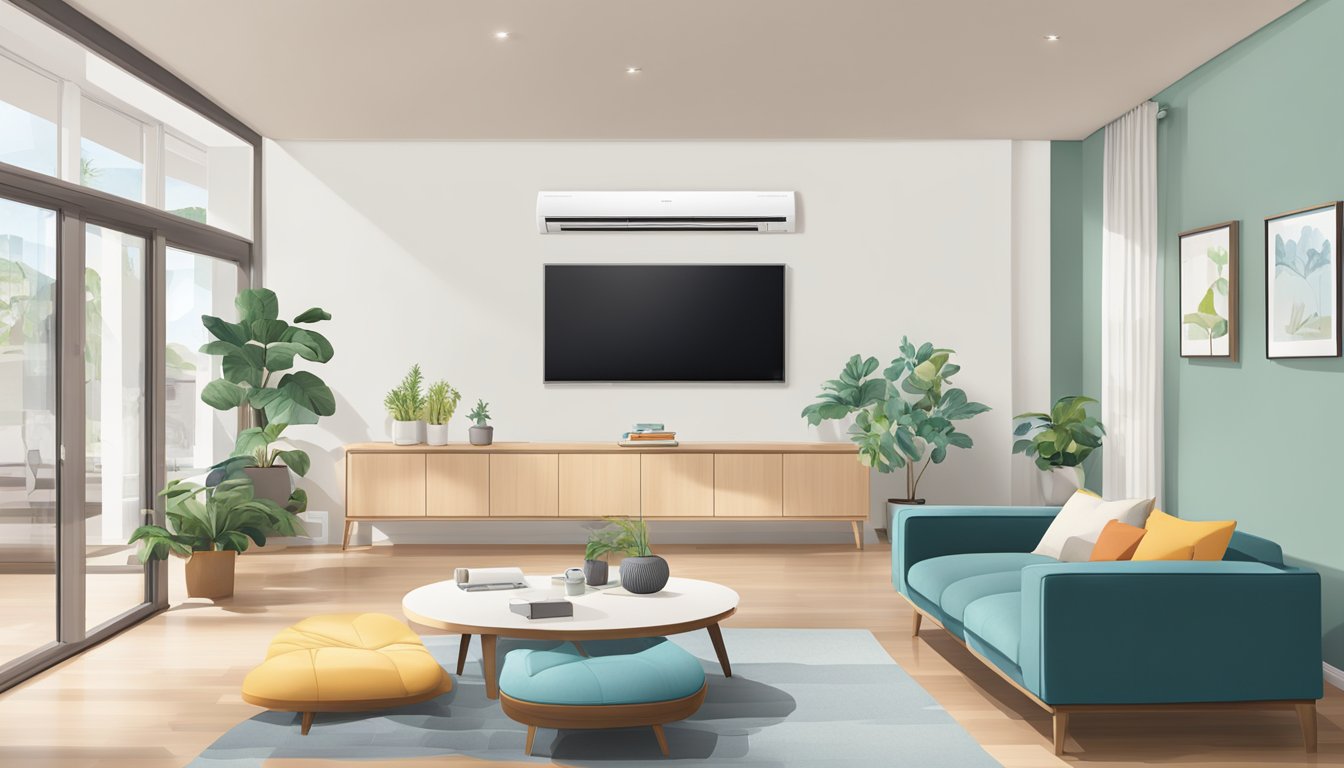A living room with a Mitsubishi system 3 air conditioning unit mounted on the wall, with three indoor units connected to it, each placed in different areas of the room