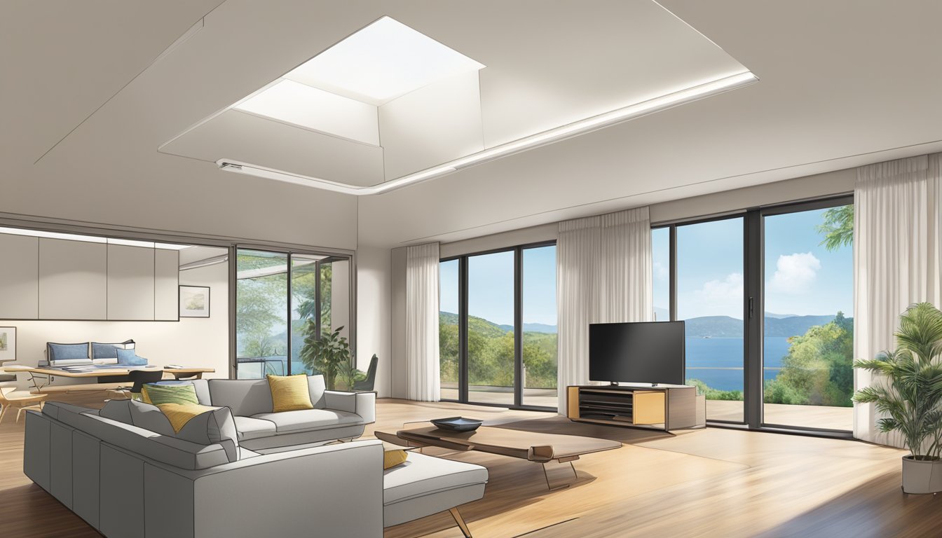 A Mitsubishi system 3, with sleek design and energy-efficient features, cools a spacious living room, bedroom, and study