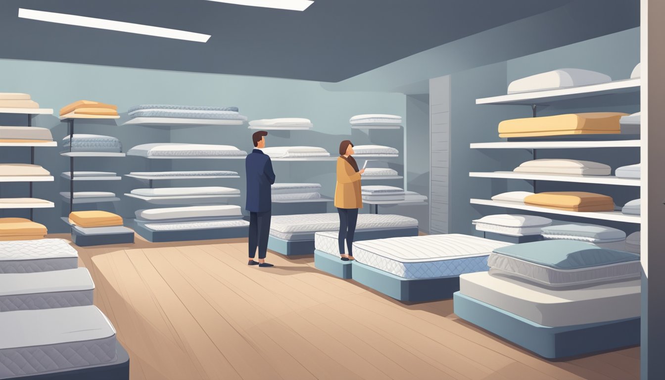 A person stands in a showroom, surrounded by various types of mattresses. They are carefully examining the different options, comparing features and comfort levels