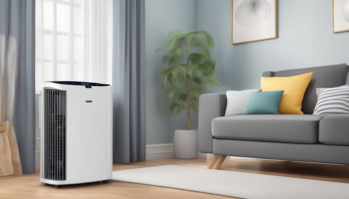 An air conditioner dehumidifier sits in a room, removing moisture from the air