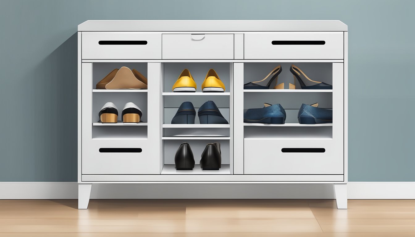 A sleek, modern shoe cabinet with multiple compartments and a stylish finish, seamlessly blending functionality and style