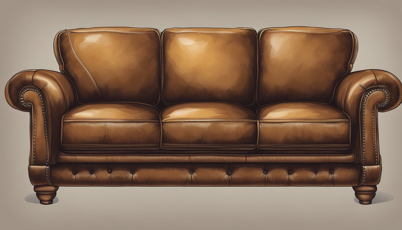 A worn leather sofa being repaired with a patch and stitching