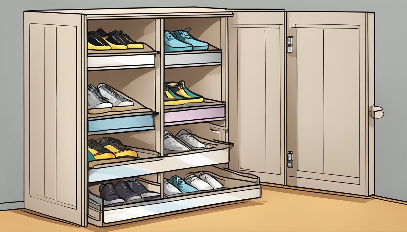A shoe cabinet with labeled compartments, open doors, and a stack of neatly folded instruction manuals for easy access