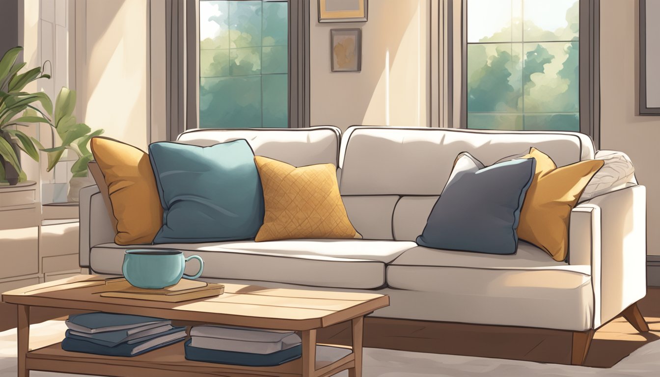 A cozy sofa couch sits in a sunlit room, adorned with plush pillows and a soft throw blanket