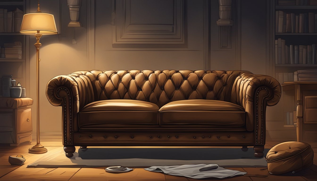 A worn leather sofa sits in a dimly lit room. A person carefully applies leather conditioner, restoring its luster and repairing any cracks or blemishes