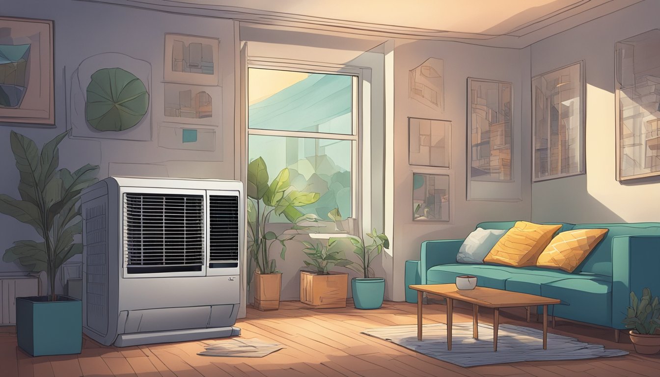 A small, window-mounted air conditioning unit hums loudly in a cluttered, dimly lit room. Dust gathers on the plastic vents, and the cool air struggles to reach the far corners
