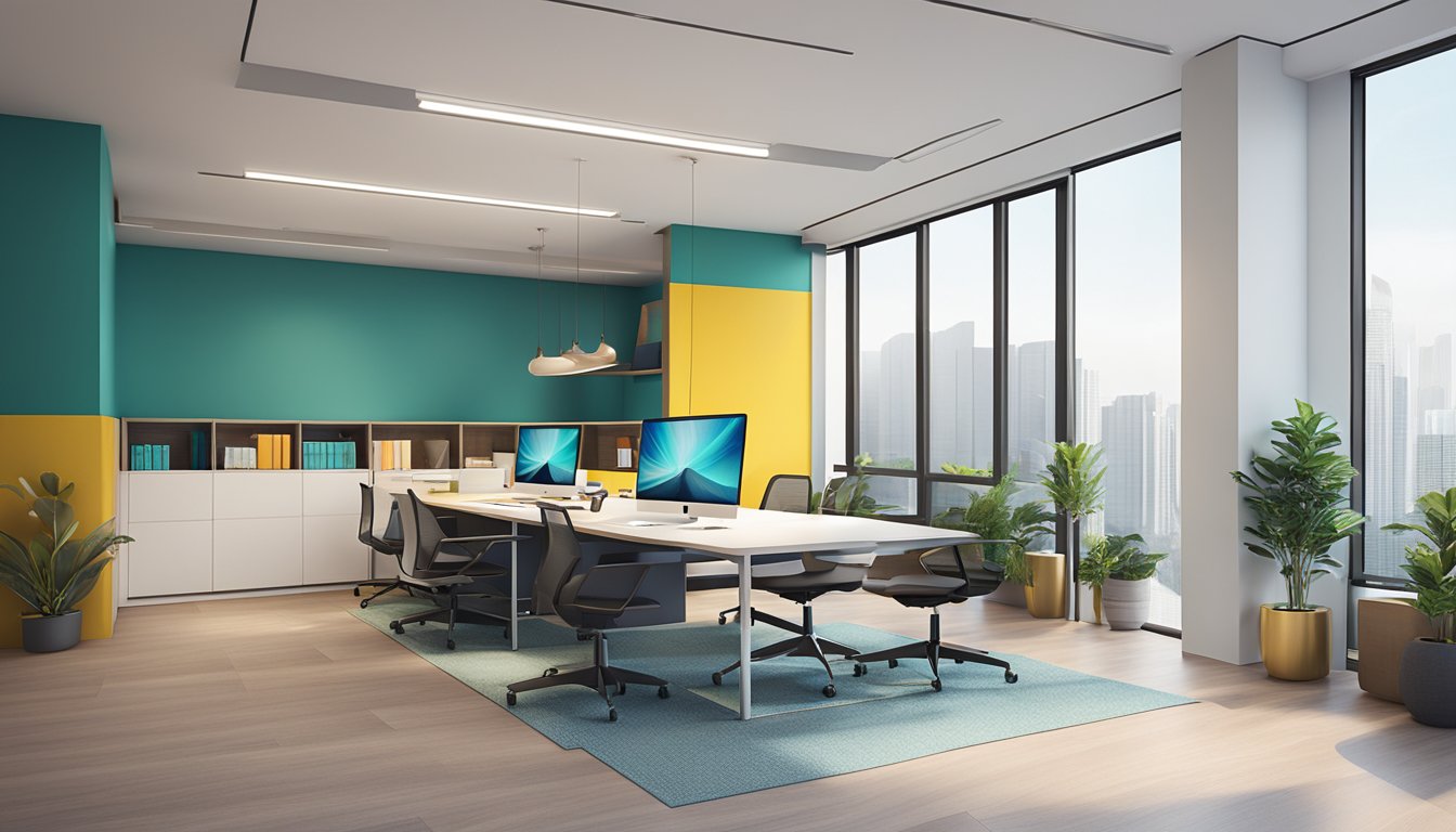 A sleek, modern office space with minimalist furniture and vibrant accent colors, showcasing the latest interior design trends in Singapore