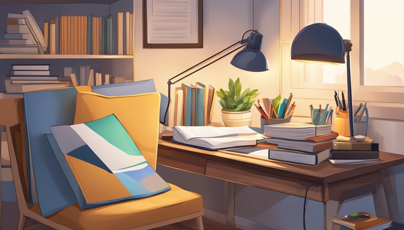 A cluttered study table in a cozy bedroom, with books, papers, and a desk lamp