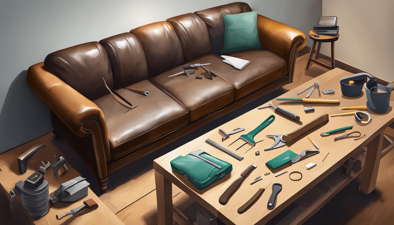 A leather sofa being repaired with tools and materials spread out on a workbench. An instruction manual and a customer service phone number are visible