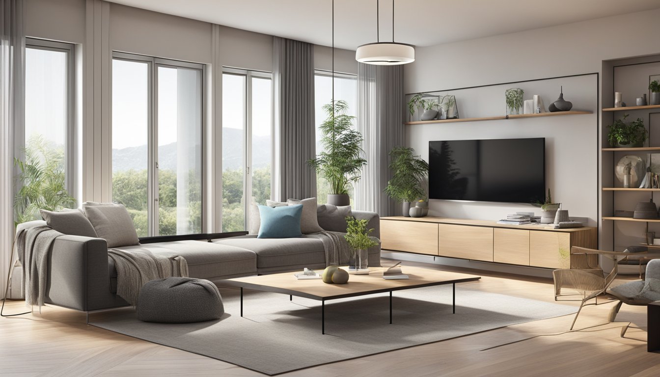 A cozy living room with three separate areas, each comfortably cooled by a Mitsubishi System 3. The sleek and modern design of the units seamlessly blends into the room's decor