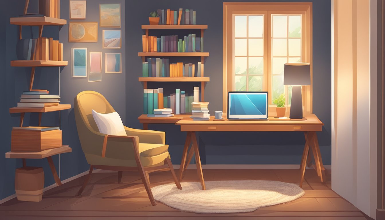 A cozy bedroom study space with a wooden study table, a comfortable chair, a bright desk lamp, and a few books neatly arranged on the table