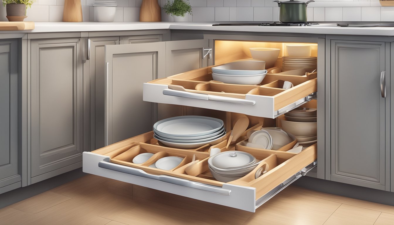 The kitchen drawers are neatly organized, with utensils and cutlery neatly arranged inside. The smooth, wooden surfaces gleam in the soft light of the room