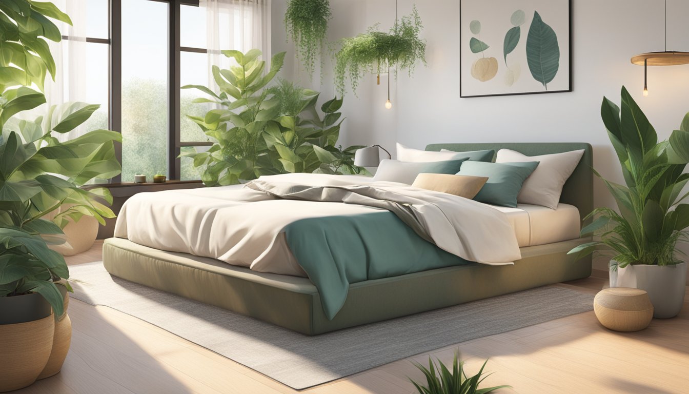 A serene bedroom with a comfortable bed topped with a natural latex topper, surrounded by plants and natural light streaming in through the window