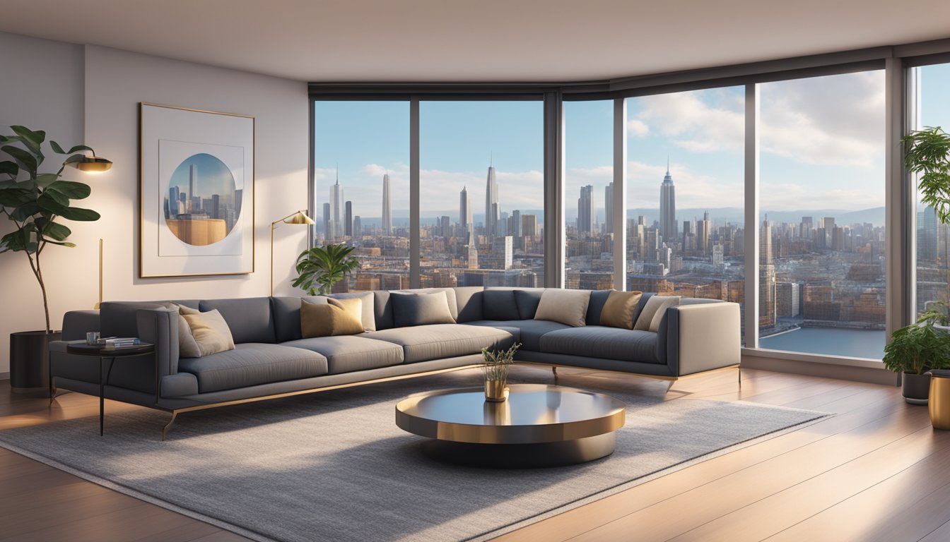 A sleek, modern living room with a panoramic view of the city skyline, featuring luxurious furniture and elegant decor