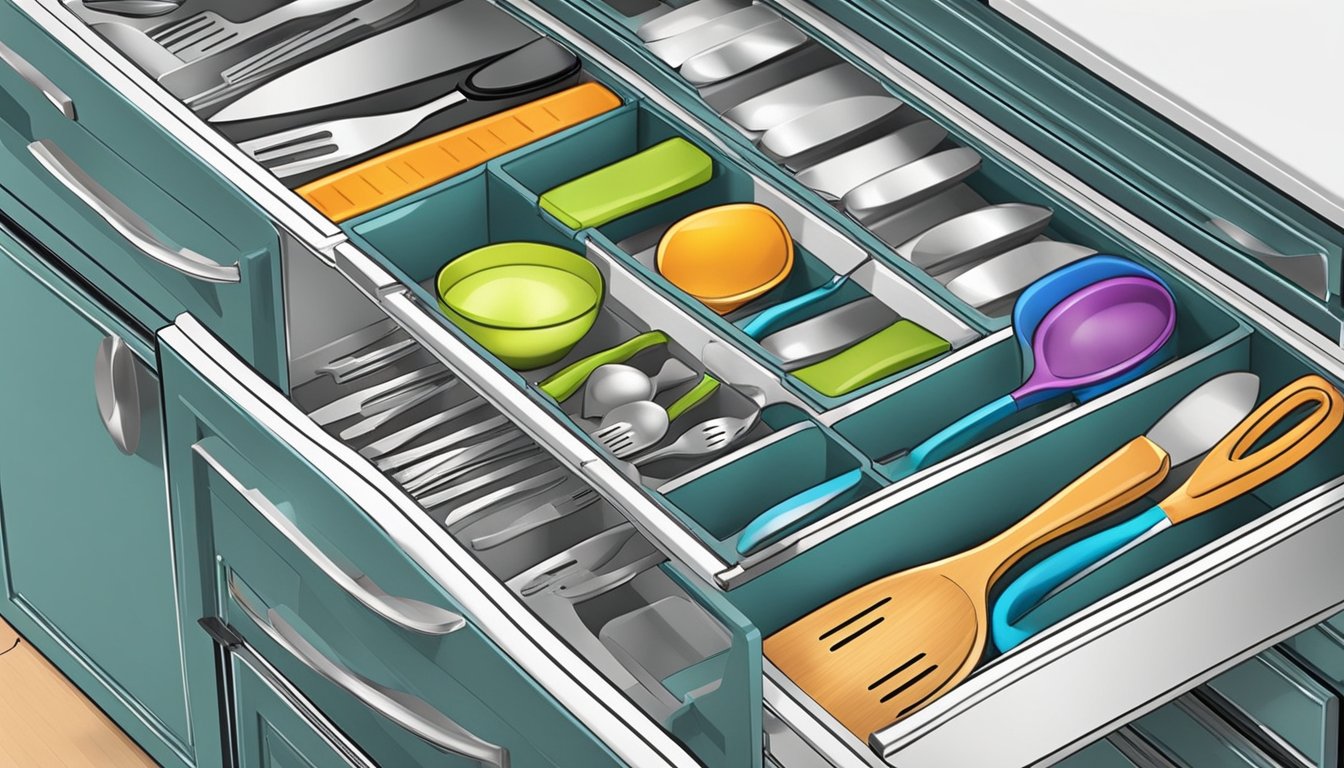 Kitchen drawers open, revealing neatly organized utensils and cutlery. Spatulas, knives, and measuring cups are neatly arranged within the sleek, modern drawers