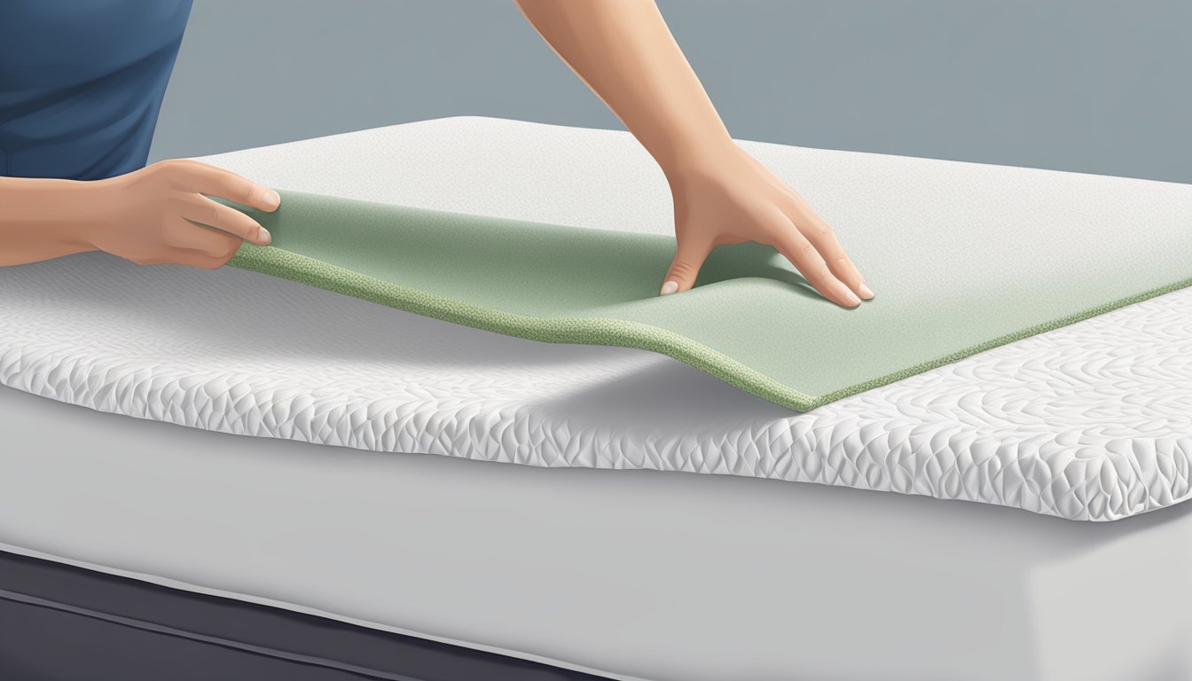 A person unwraps a new latex topper, carefully inspecting its thickness and texture before placing it on a mattress