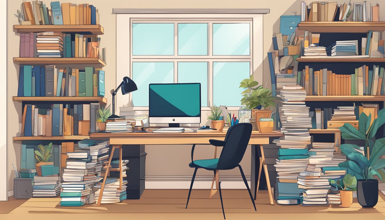 A cluttered study table in a bedroom, with books, pens, and papers scattered. Shelves and drawers are overflowing with supplies