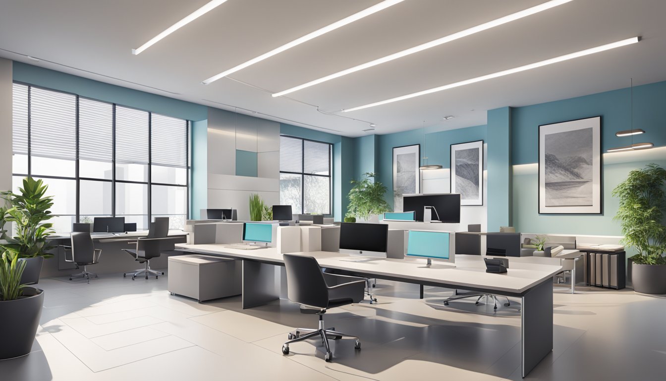 A sleek, modern office space with a minimalist design, featuring a stylish reception area and a display of award-winning interior design projects