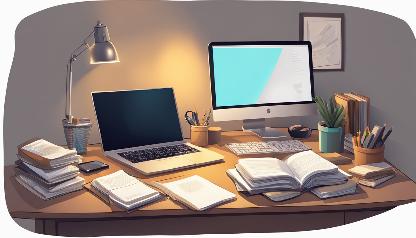 A cluttered bedroom study table with scattered papers, open books, and a laptop. A desk lamp casts a warm glow over the workspace