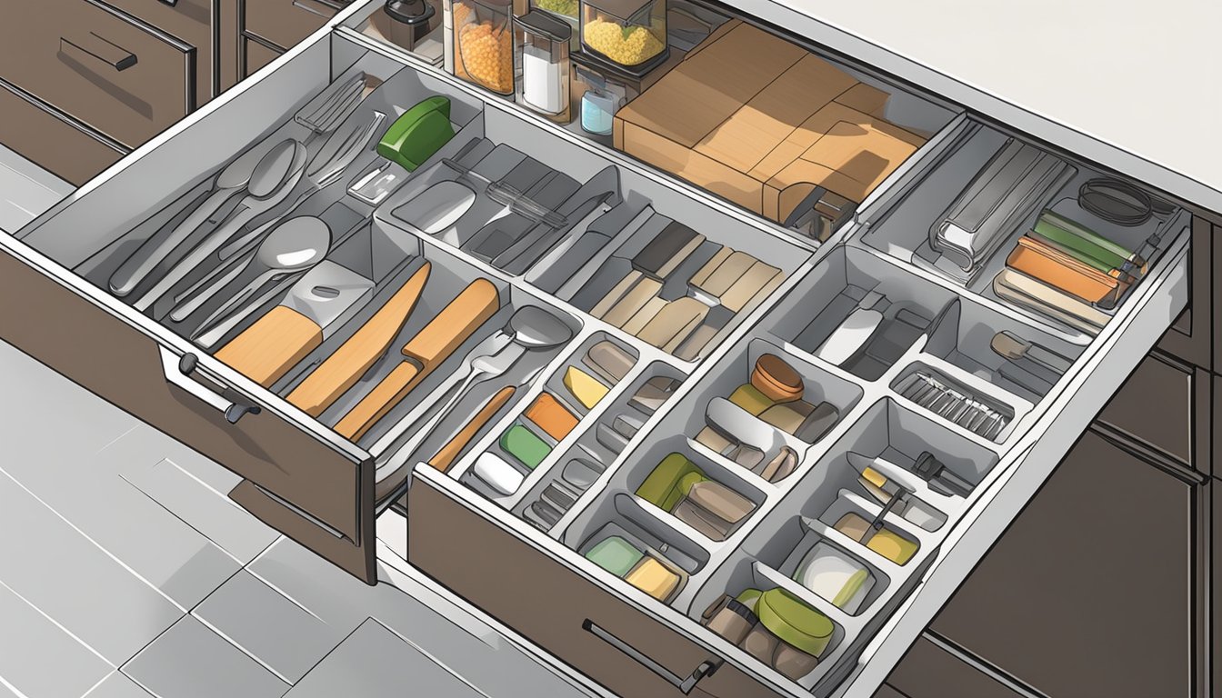 Kitchen drawers open, revealing neatly organized essentials and utensils. Items are neatly arranged, with labels visible