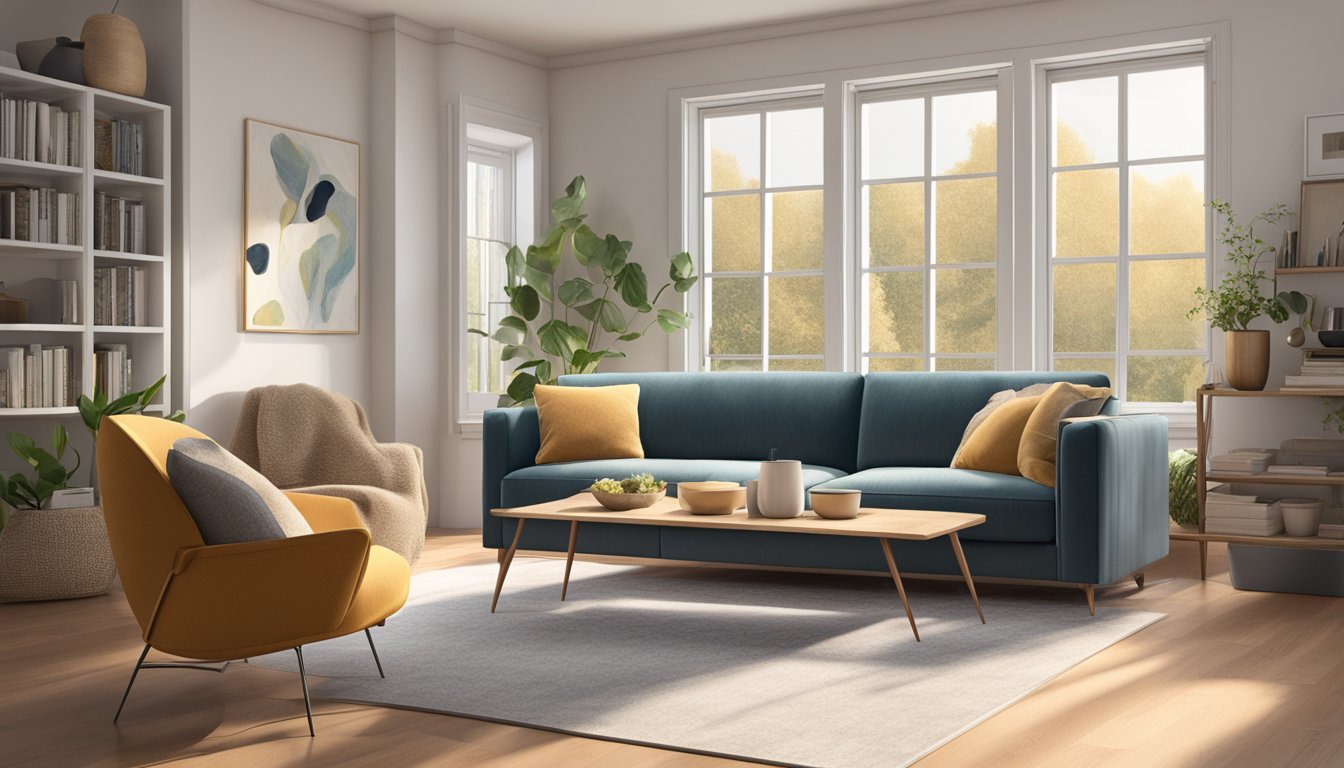 A 2-seater sofa sits in a cozy living room, adorned with plush cushions and a soft throw blanket. The sofa is positioned in front of a large window, allowing natural light to filter in, creating a warm and inviting atmosphere
