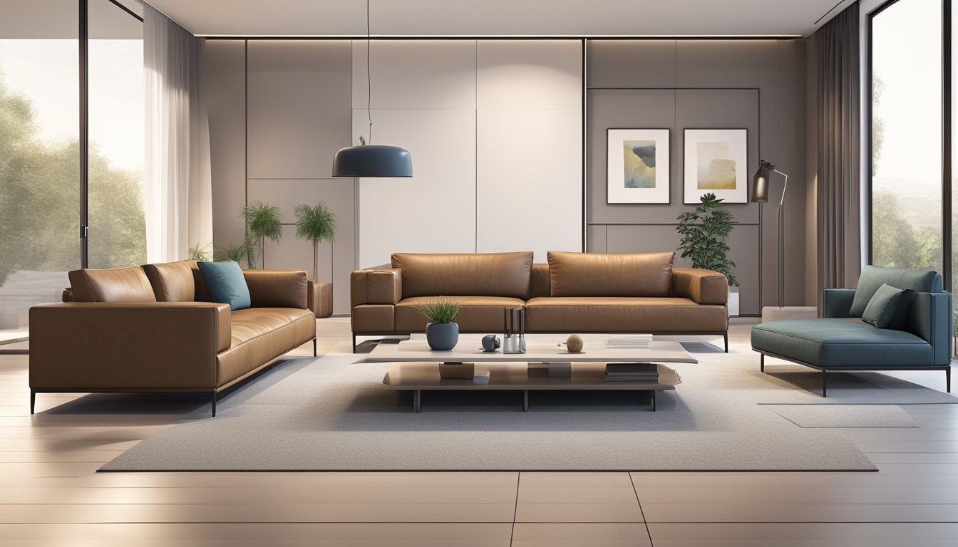 A modern leather sofa set sits in a spacious, well-lit living room, with clean lines and minimalistic design