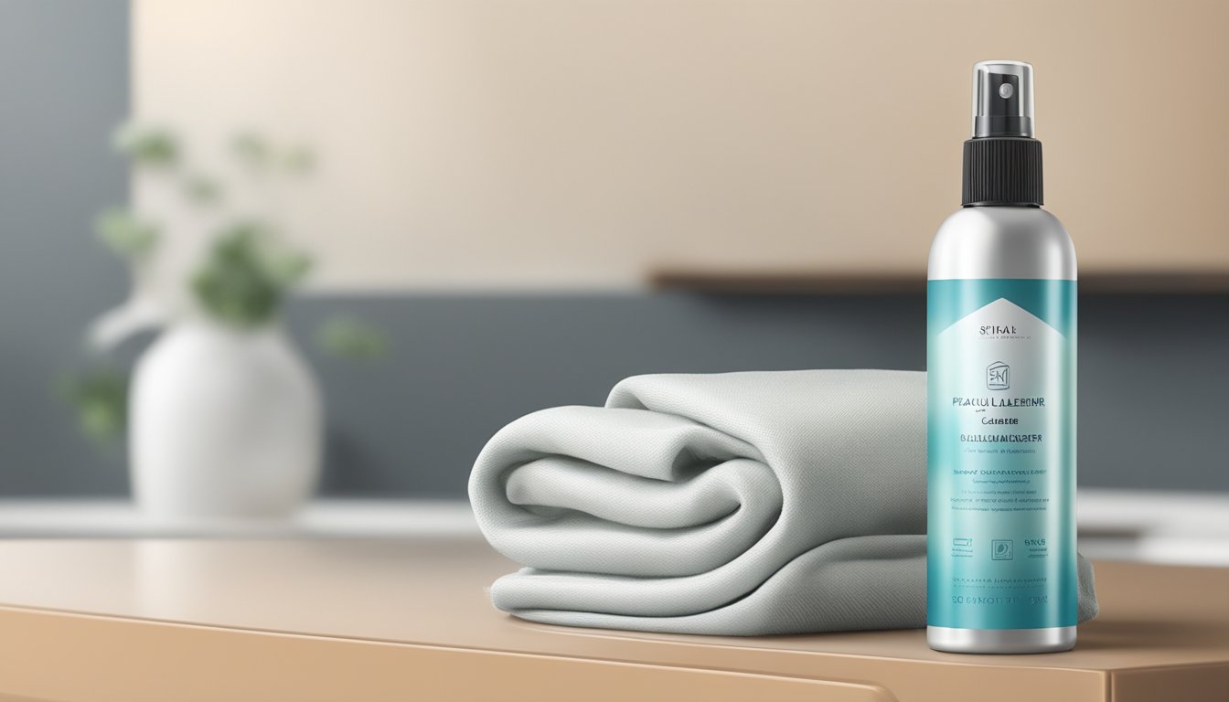 A bottle of faux leather cleaner sits on a shiny countertop, surrounded by a few clean, soft cloths and a gentle spray mist in the air