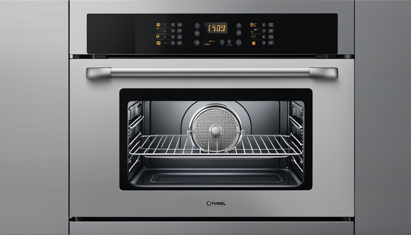 An oven with a digital display shows a countdown timer. The interior is clean and well-maintained, while the exterior shows signs of regular use