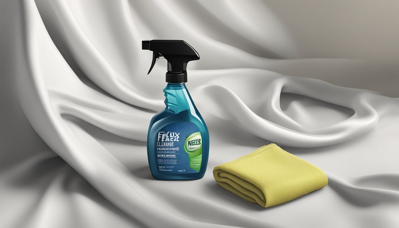 A bottle of faux leather cleaner sits next to a soft cloth on a clean, well-lit surface, ready for use