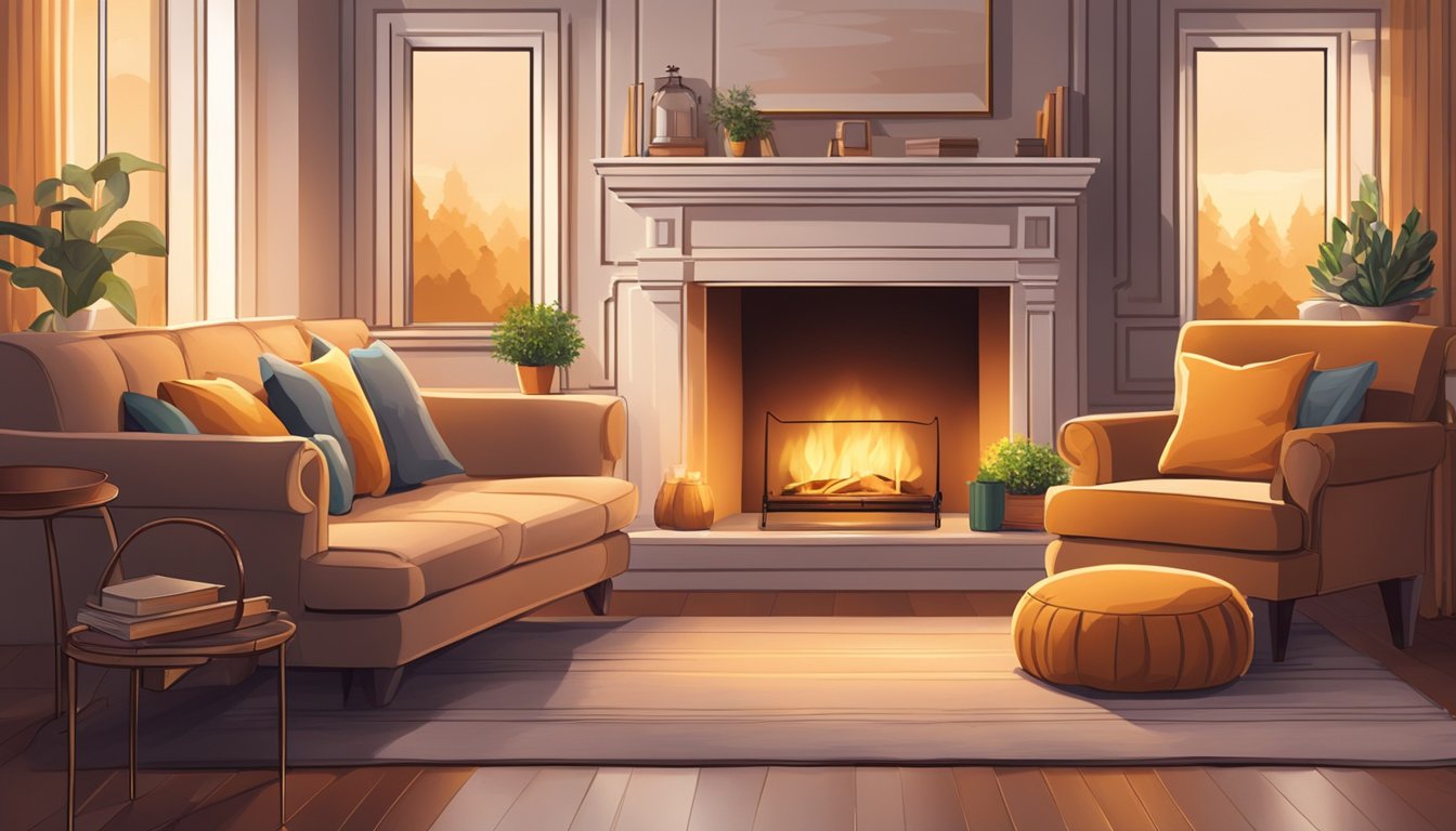 A cozy sofa and armchair sit by a glowing fireplace. The soft cushions and warm colors create a welcoming atmosphere