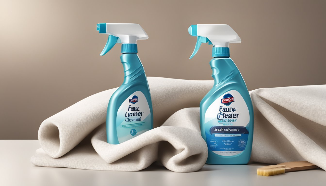 A bottle of faux leather cleaner sits next to a soft cloth and a brush on a clean, well-lit surface