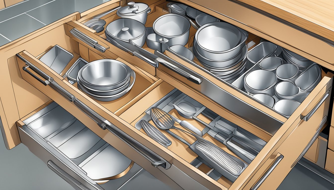 The kitchen drawers are open, revealing neatly organized compartments for frequently asked questions materials