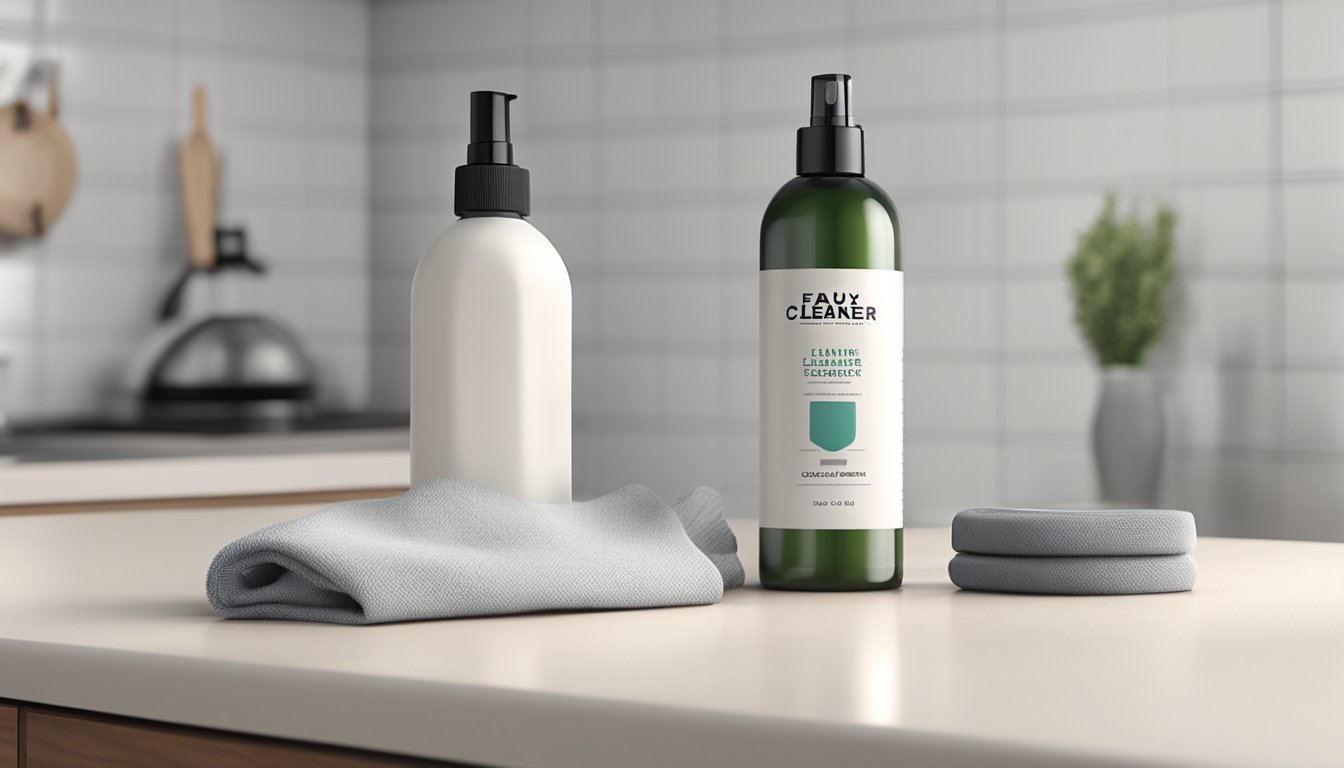 A bottle of faux leather cleaner sits on a clean, modern countertop with a soft cloth nearby