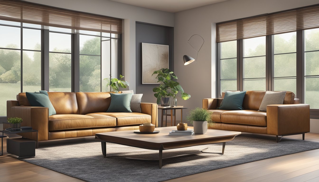 A modern leather sofa set stands in a well-lit living room, surrounded by minimalist decor and natural light streaming in from large windows