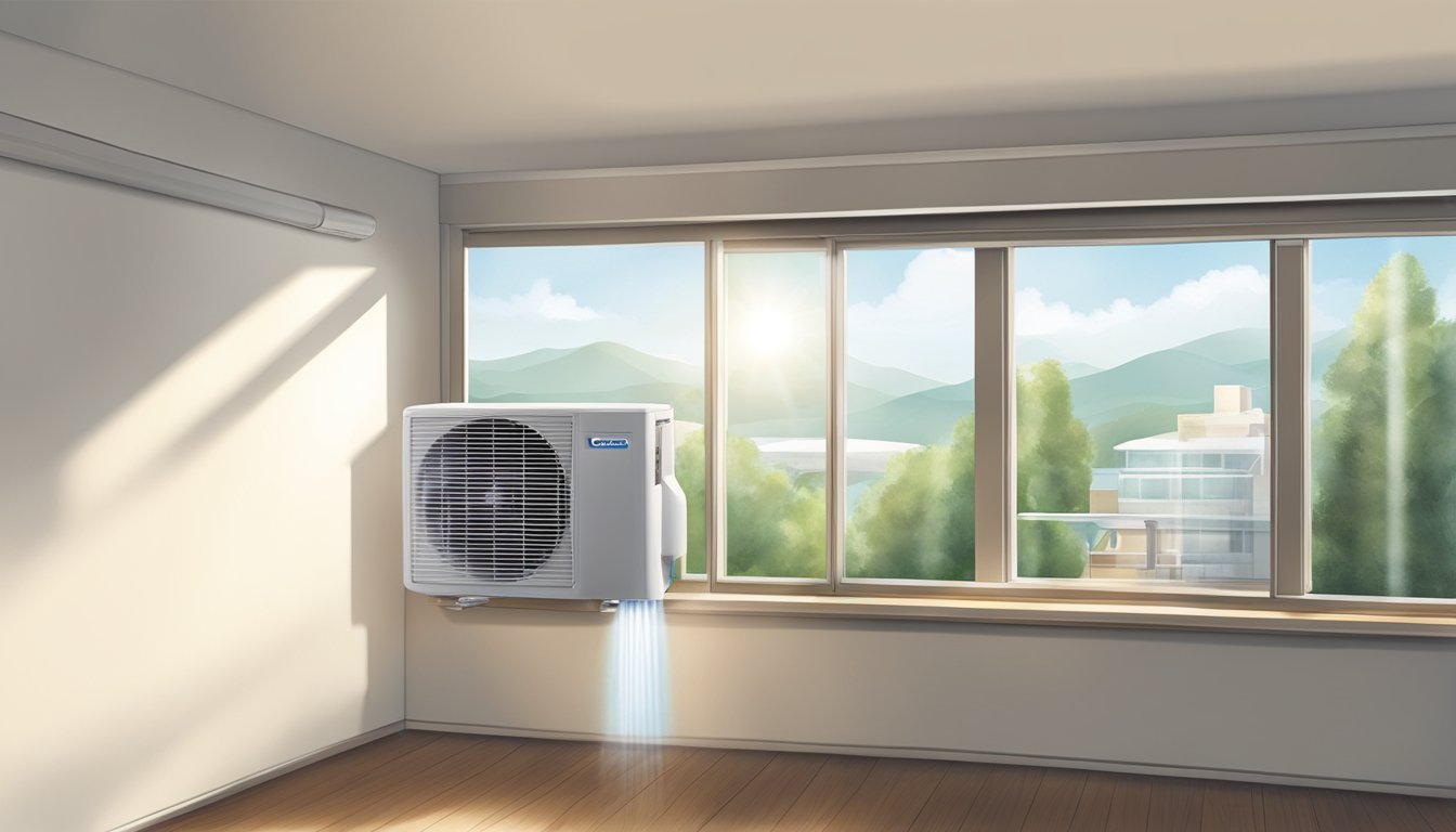A portable aircon tube extends from a window, releasing cool air into a sunlit room