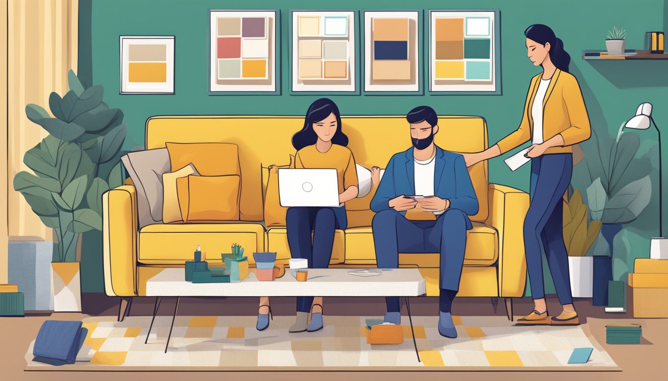 A couple sits on a 2-seater sofa, surrounded by various fabric swatches and measuring tape, while a salesperson assists them in choosing the perfect sofa