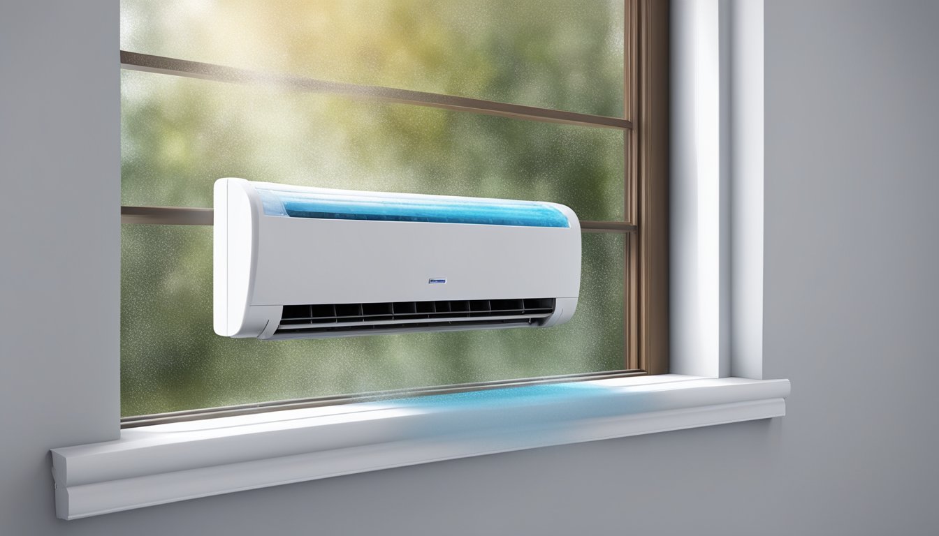 A portable aircon tube connected to a window vent, with condensation dripping and cool air flowing out